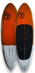 down wind foil board in orange and white on display